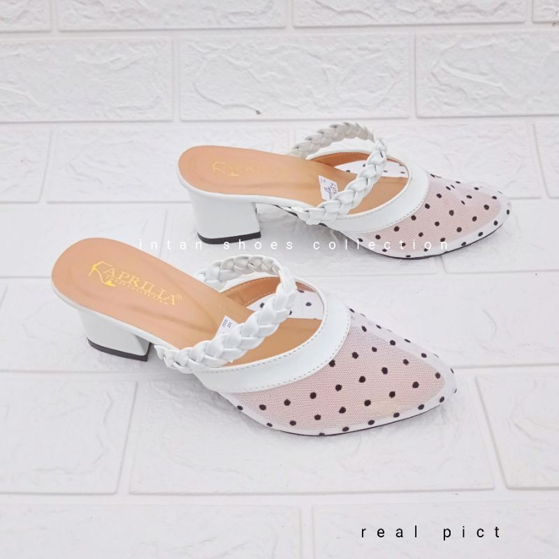 Aprilia sepatu sandal pesta wanita hak tahu 5cm/sandal bustong brukat kondangan kekinian/sepatu wanita slip on anti licin/sendal slop pesta