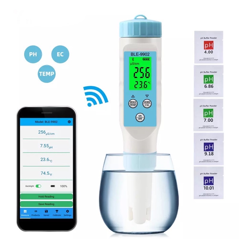 Bluetooth 3 in 1 PH + EC + Suhu Meter Tester Air Digital BLE-9902