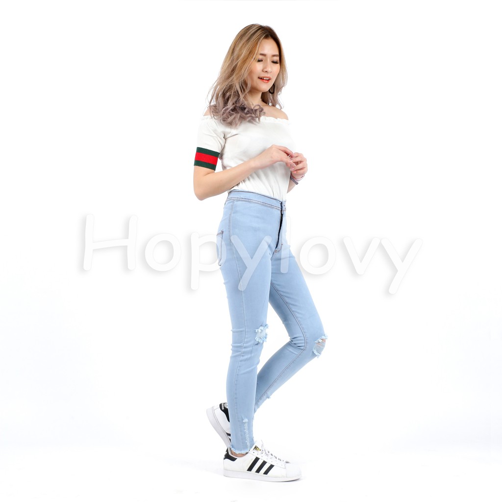 HOPYLOVY Celana Jeans Highwaist Pun Unfinished Ripped Sobek Lutut
