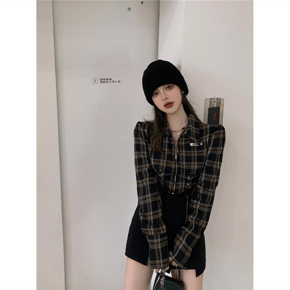 kaos wanita korean style short POLO collar plaid long-sleeved top tunic T-shirt women