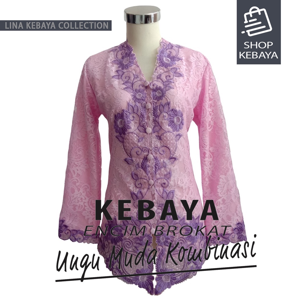 Kebaya Encim Brokat Modern Ungu Muda Kombinasi Furing Lengan Panjang