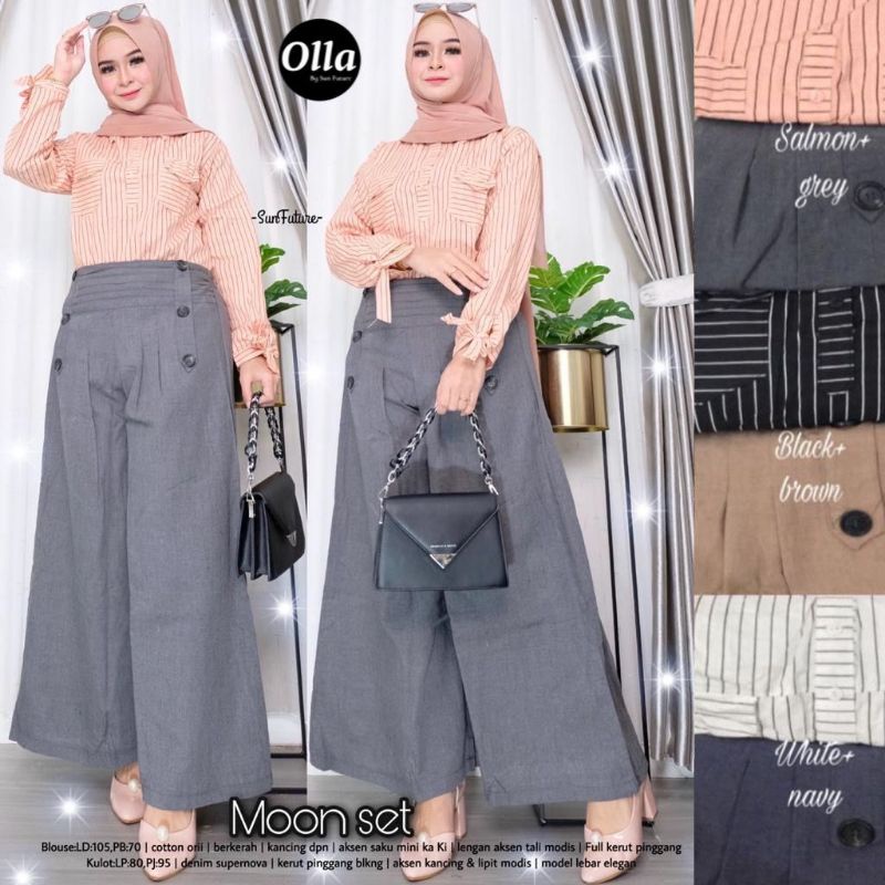 Moon Set By OLLA | Setelan Wanita | Setelan Atasan Blouse Tunik Kulot Celana Panjang Wanita Muslim S
