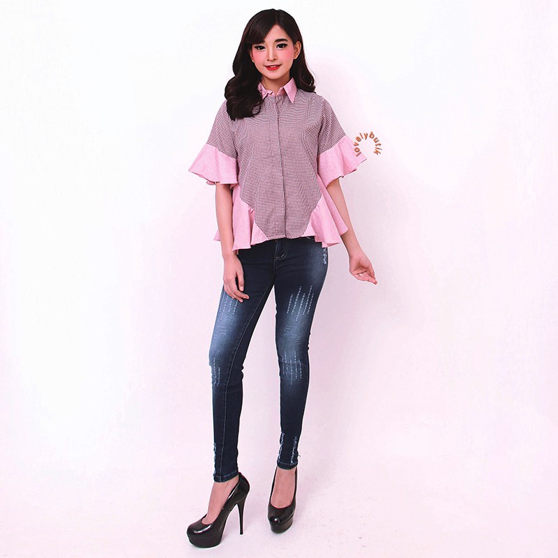 Lovelybutik Gisella Rimple Casual Blouse Kemeja Trendy Wanita Lengan Pendek Motif Kotak