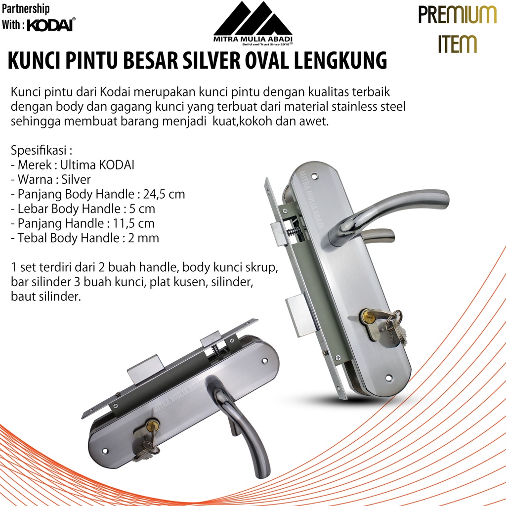 Kunci Pintu Besar Silver Ultima by KODAI | Oval Lengkung | Full Set