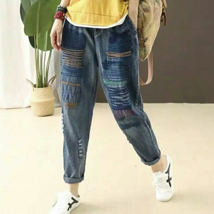 6197 Celana Jeans Harem panjang wanita celana panjang jeans harem denim robek cewek biru import
