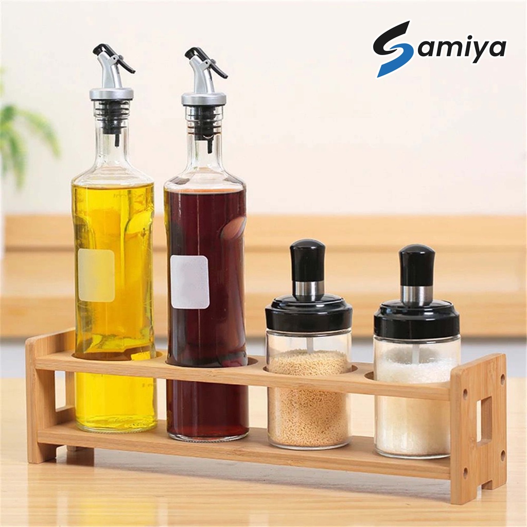 rak kayu tempat botol minyak kecap saus bumbu dapur 4slot / wooden rack oil sauce bottle square round 4 hole