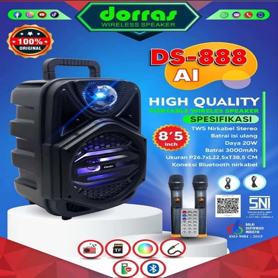 SPEAKER PORTABLE KARAOKE 8,5 INCH DORRAS DS-888 AI FREE DUAL MIC WIRELESS