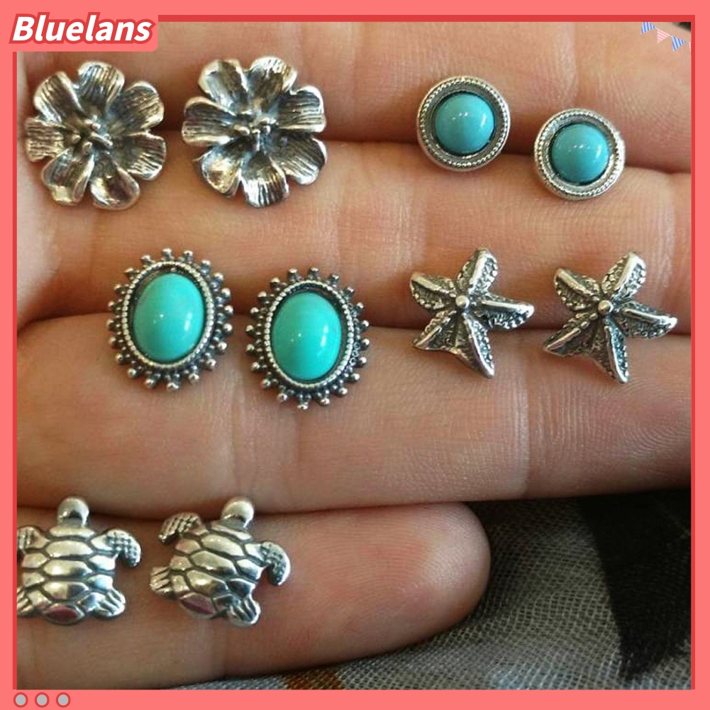 5 Pasang Anting Stud Desain Bintang Laut Kura-Kura Bunga Turquoise Buatan Gaya Boho