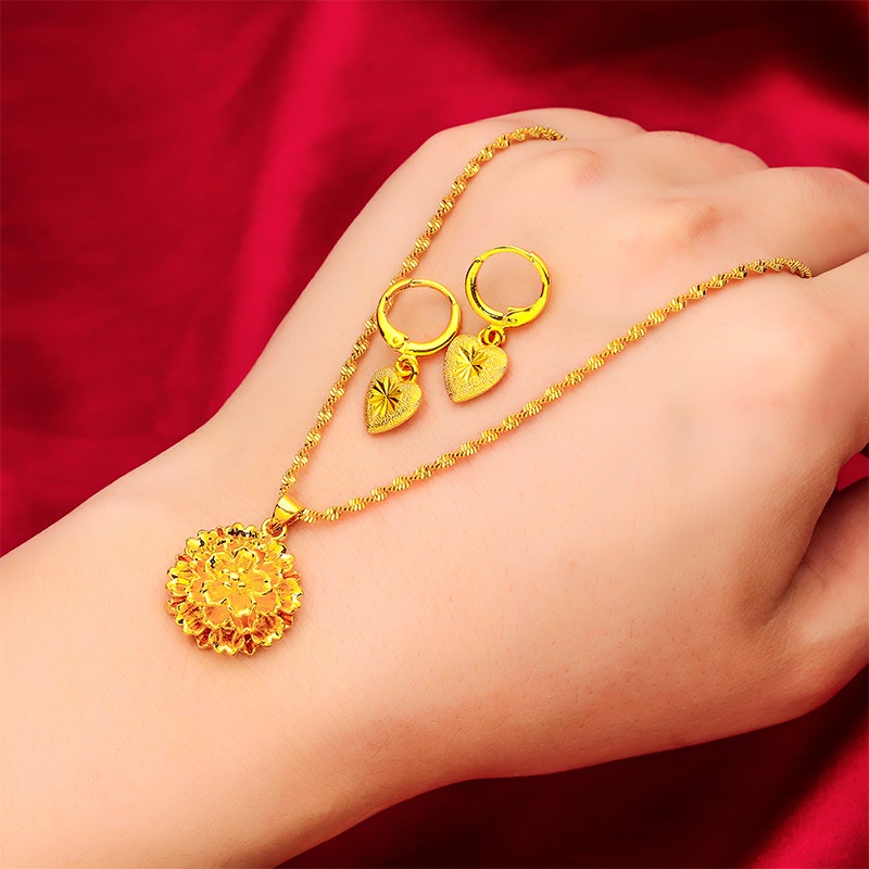 Perhiasan Kalung Anting Liontin Hati Bunga Lapis Emas Asli Kadar 375 Gaya Vintage Untuk Aksesoris Pernikahan