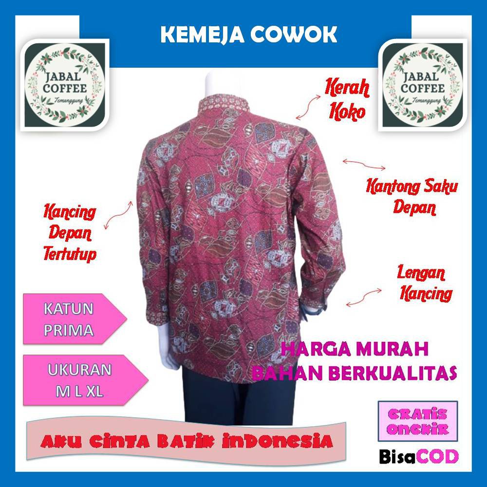 Baju Atasan Batik Katun Prima Pria Dewasa M L XL XXL / Atasan Panjang Pendek Kemeja Hem Batik J21