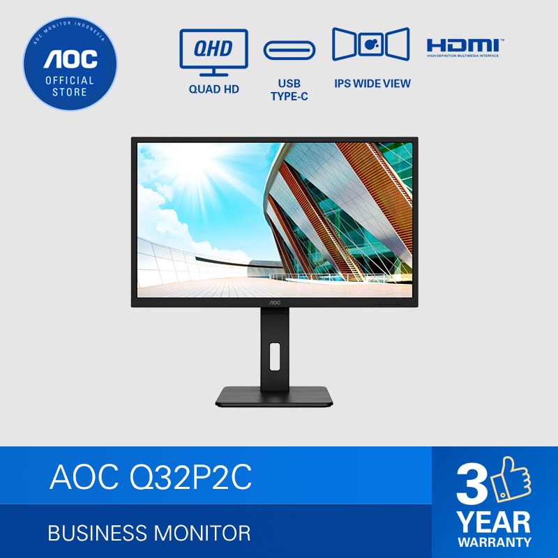 AOC Q32P2C Ergonomic IPS Monitor with USB-C (31.5&quot;/IPS/4ms/75hz/QHD)