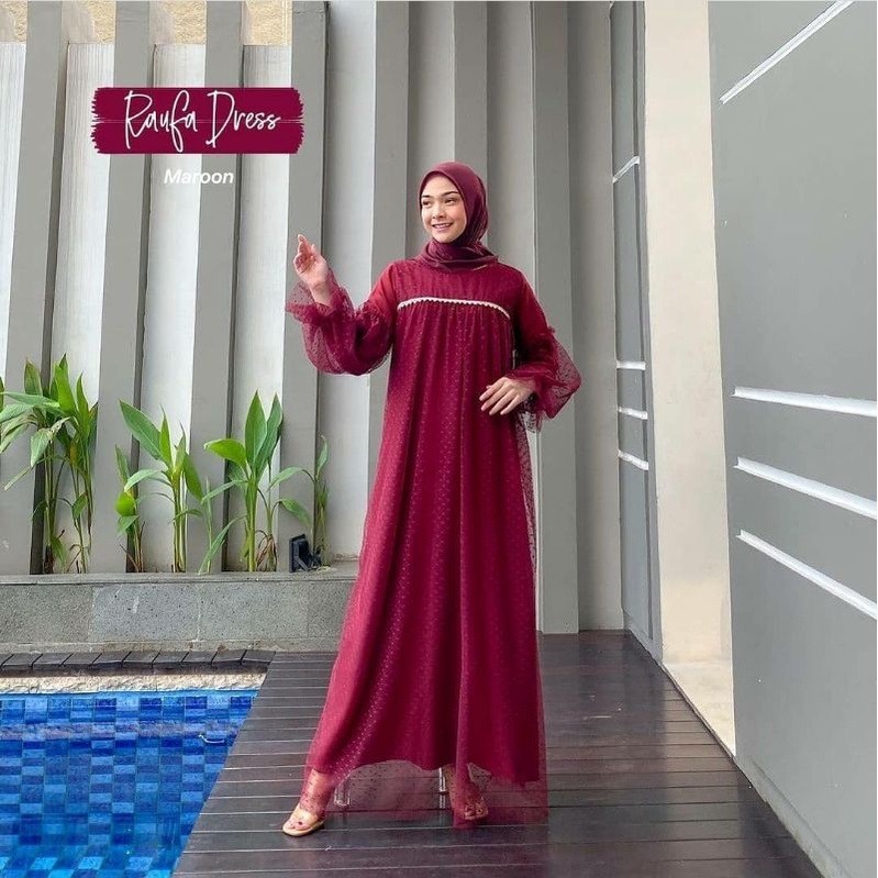 Raufa Dress Baju Muslim Wanita Matt  Moscrepe Mix Tulle dot Size M-XXL / Dress Kondangan Wanita Terlaris / Dress Kekinian / Dress Murah / Dress Terbaru