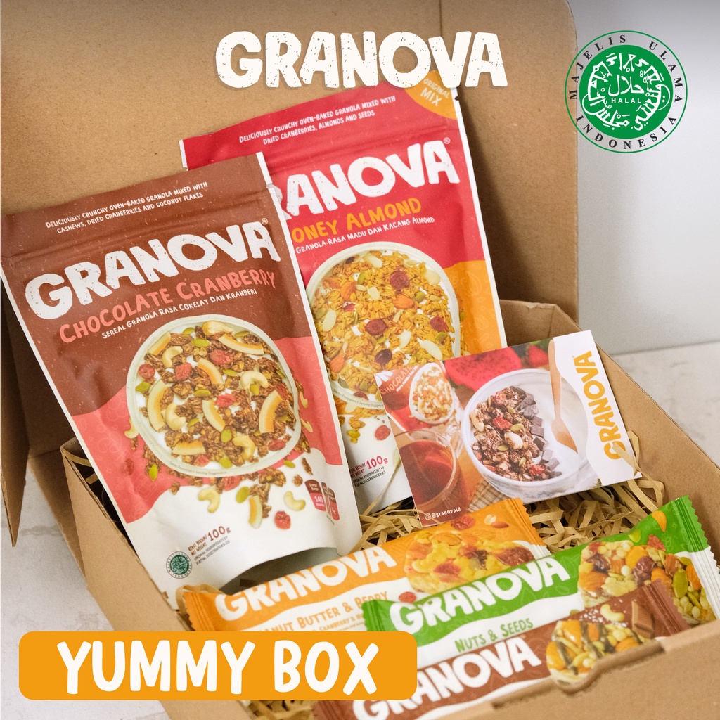 

Granova - Paket Kado / Hampers / Gift Box (2 pcs Granola 100gr (Pilih Rasa) & 3 pcs Snackbars (Semua Rasa)) - Yummy Box