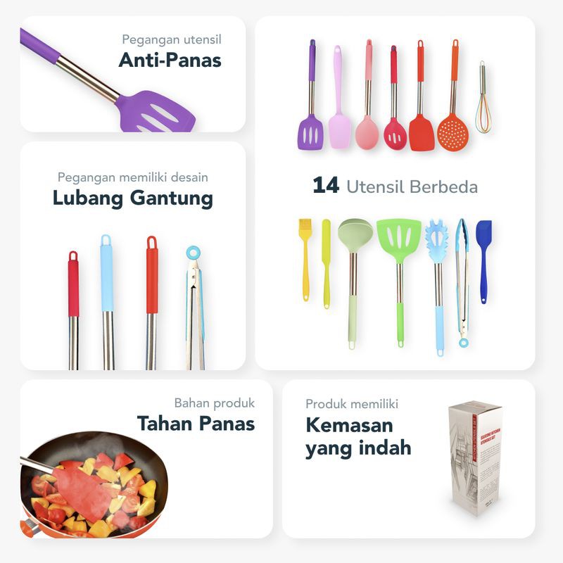 (Readystock)Sillicone Kitchen Utensil Set 14pcs/Peralatan Mask Goreng Tumis Rebus panggang,sepatula