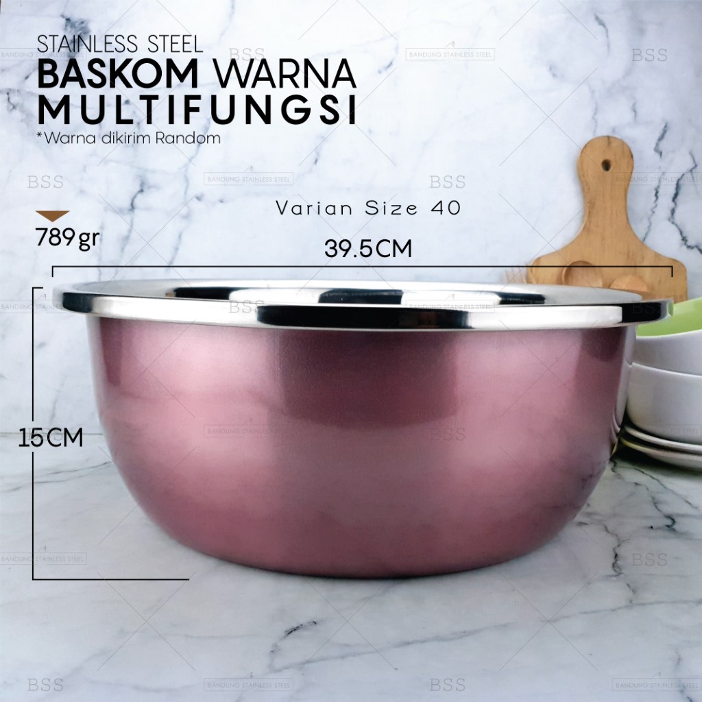 Baskom Besar Warna 40cm Random Multi Fungsi Cuci Sayur Wadah Makanan Mixing Adonan Stainless