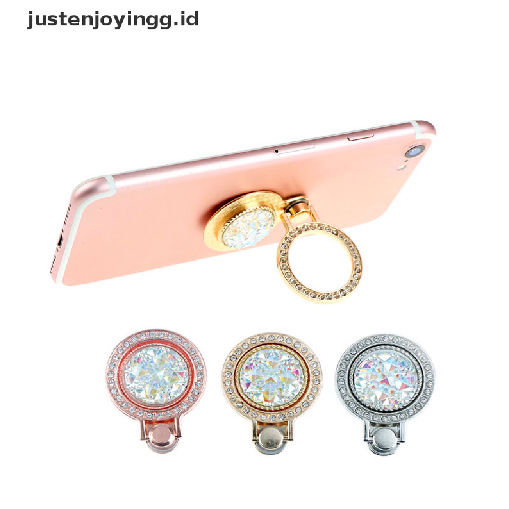 1pc Ring Stand Holder Hp Bahan Metal Bentuk Bulat Aksen Kristal Bling Dapat Berputar 360 Derajat