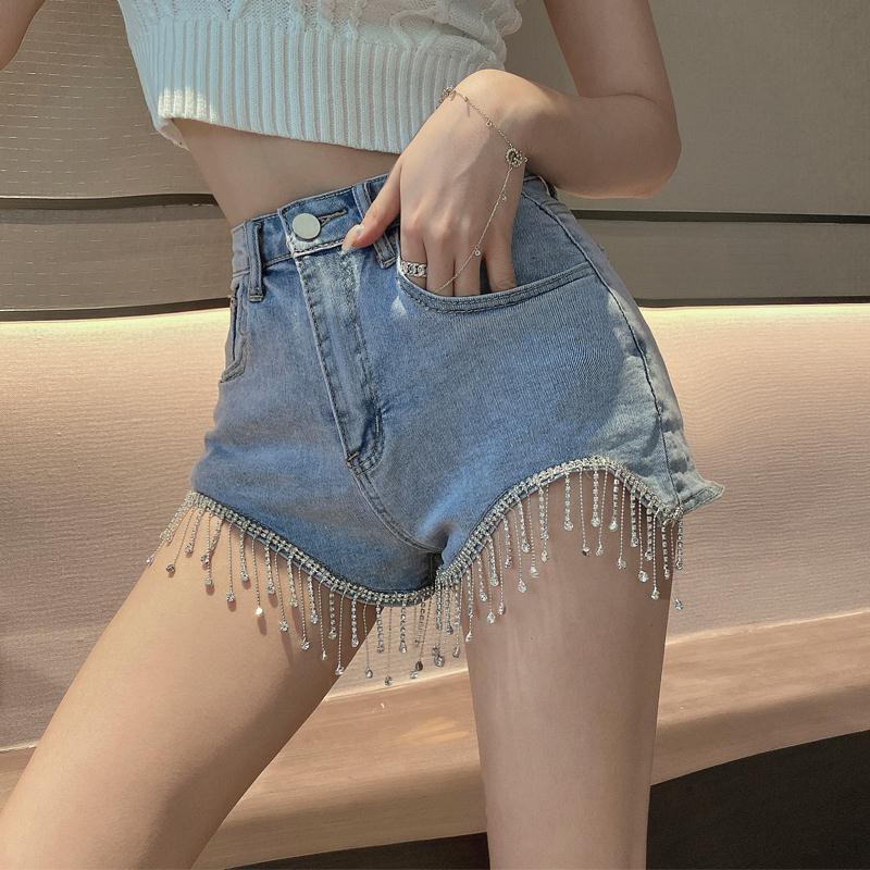 Denim Celana Wanita Seksi Musim Semi Hollow Tinggi Rantai Pinggang Slim Denim Celana Pendek Wanita S