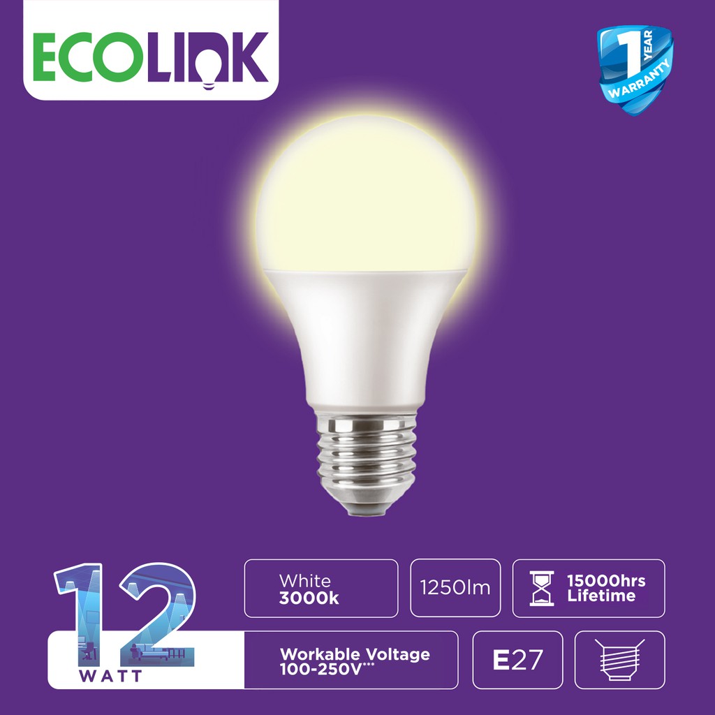 Ecolink LED  12 Watt  Lampu  Bohlam Warm White Kuning  