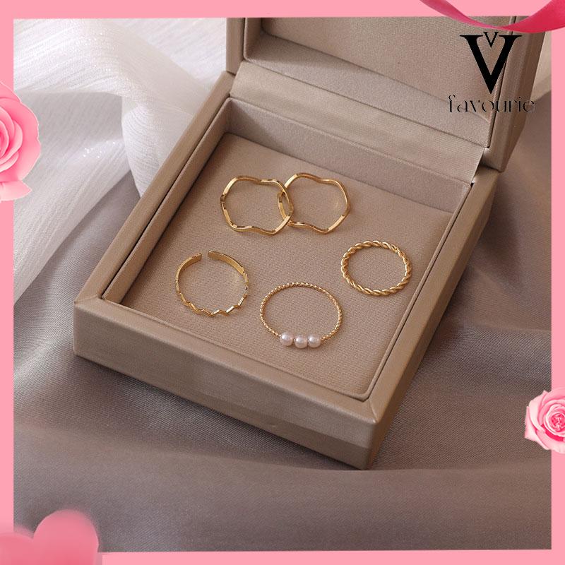 [COD]5 pcs Cincin Set Fashion Aksen Berlian Imitasi Mutiara Untuk Wanita-FA