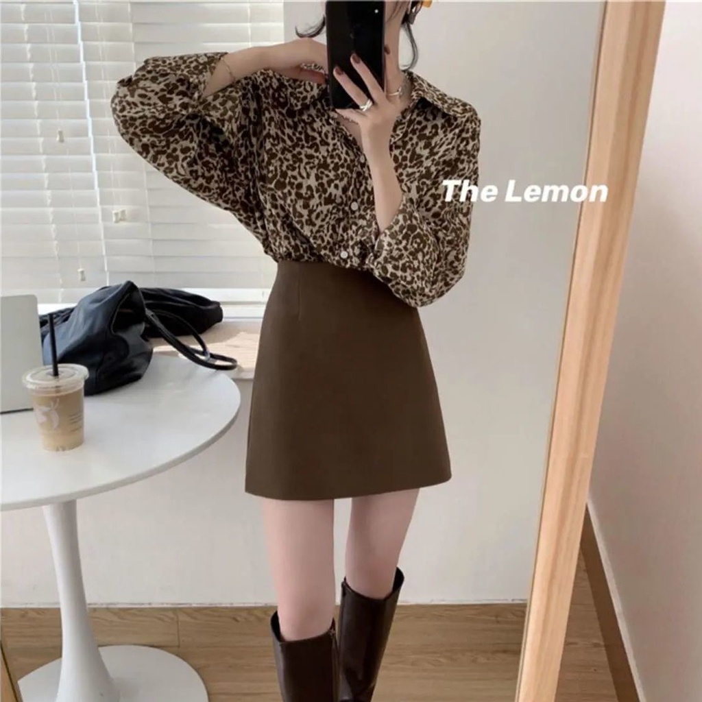 Shifon blus wanita leopard print kemeja wanita retro Hong Kong gaya pencetakan lengan panjang