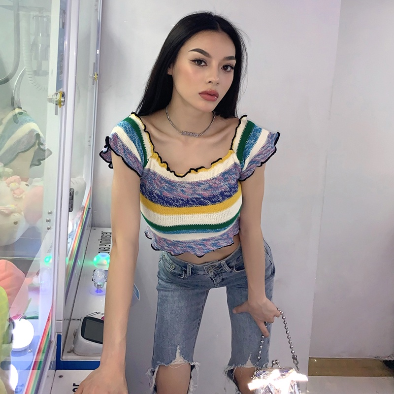 #Sisjuly# Lisa girl bm wind lucu rainbow striped one-shoulder T-shirt wanita