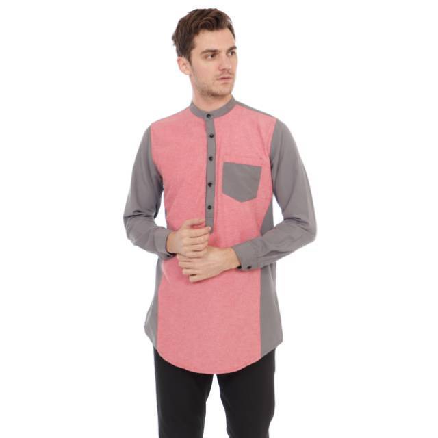 Kemeja Pria Tampan Cakep Keren Good Quality KURTA  PRIA PAKISTAN TWO TONE PINK KOMBI GREY PG813