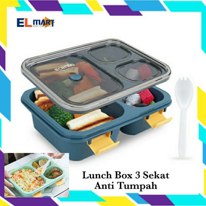 Kotak Lunch Box Bento Sekat 3 Bekal Anti Tumpah Free Sendok LB02