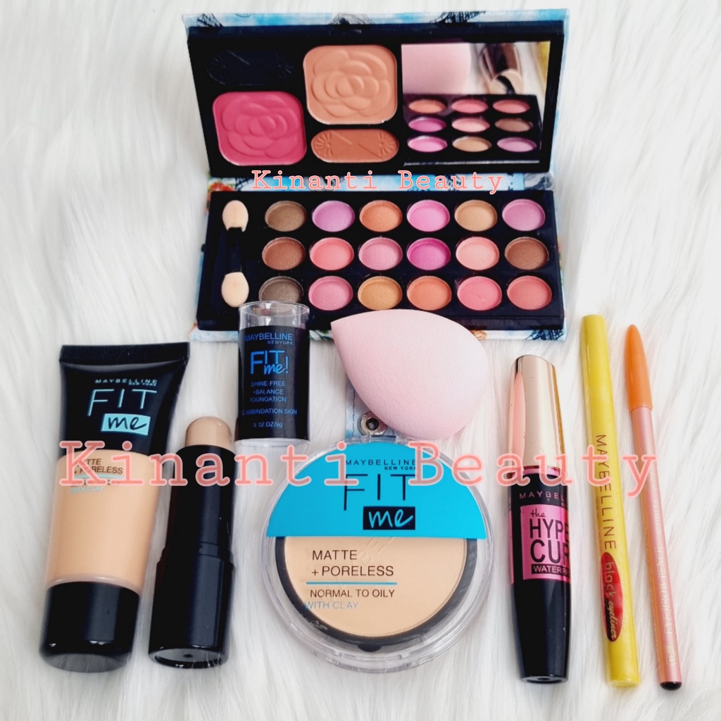 New Paket Kosmetik Maybelline 11 in 1 - Paket Make Up Maybelline 11 in 1 - Bedak - Fondation - Contour - Eyeshadow - Maskara - Eyeliner - Lipcream - Pensil Alis - Lipstik - Beauty Blender - Kuas Mak Up  - Gratis Tas Make Up