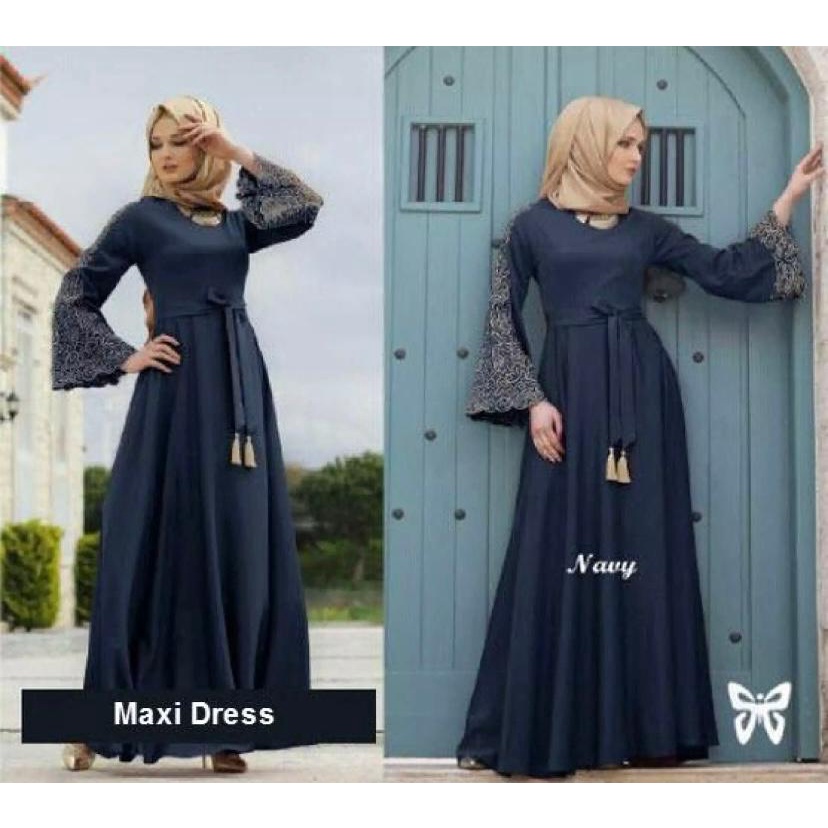 Maxi Dress Lengan Panjang Terompet Bordir FS0711 - NAVY BIRU DONGKER / Gamis Syari / Gaun Pesta Muslimah / Baju Muslim Wanita Syar'i / Srrayta_backup