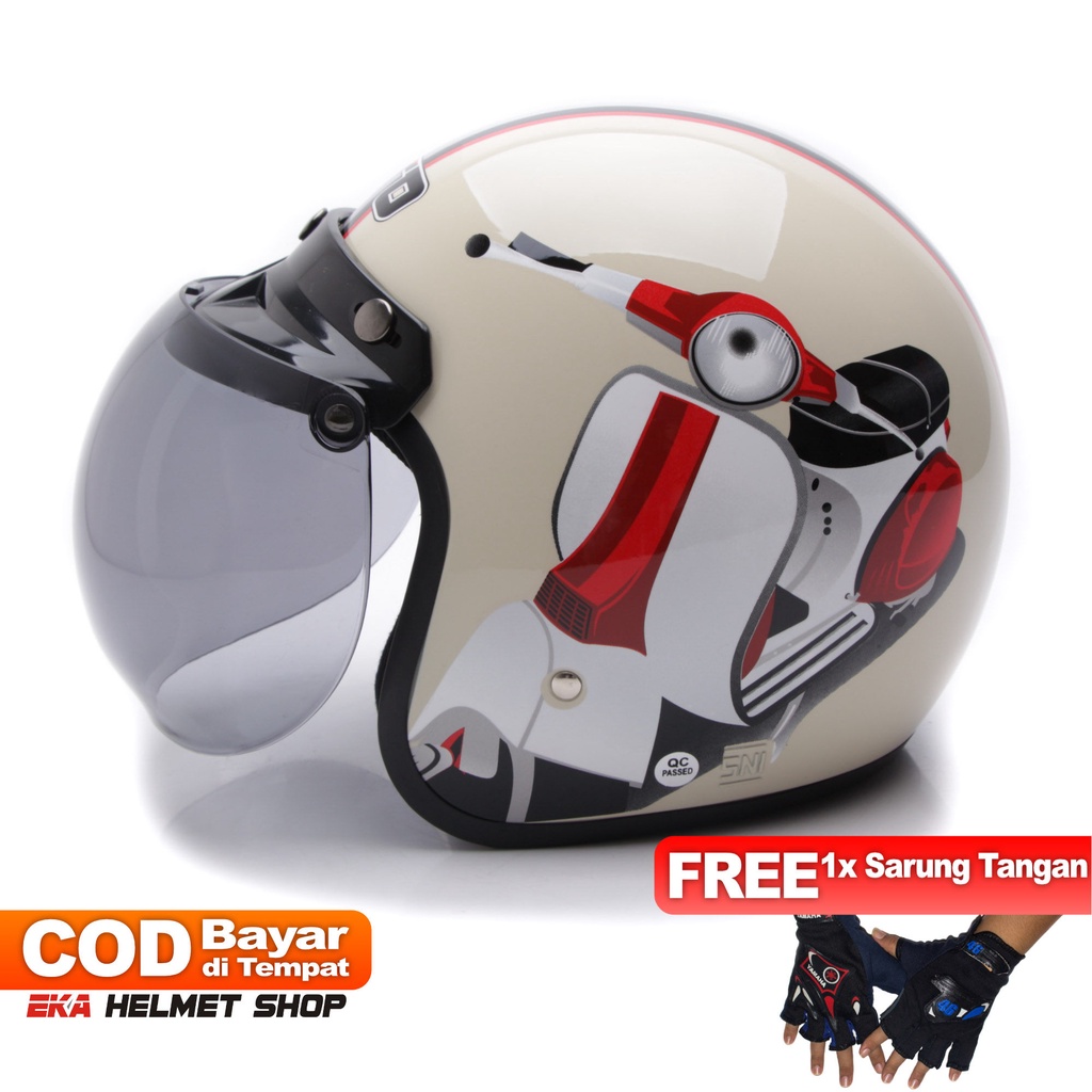 [Helm Dewasa] WTO Helm Retro - Vespa - Cream + Promo Gratis Sarung Tangan