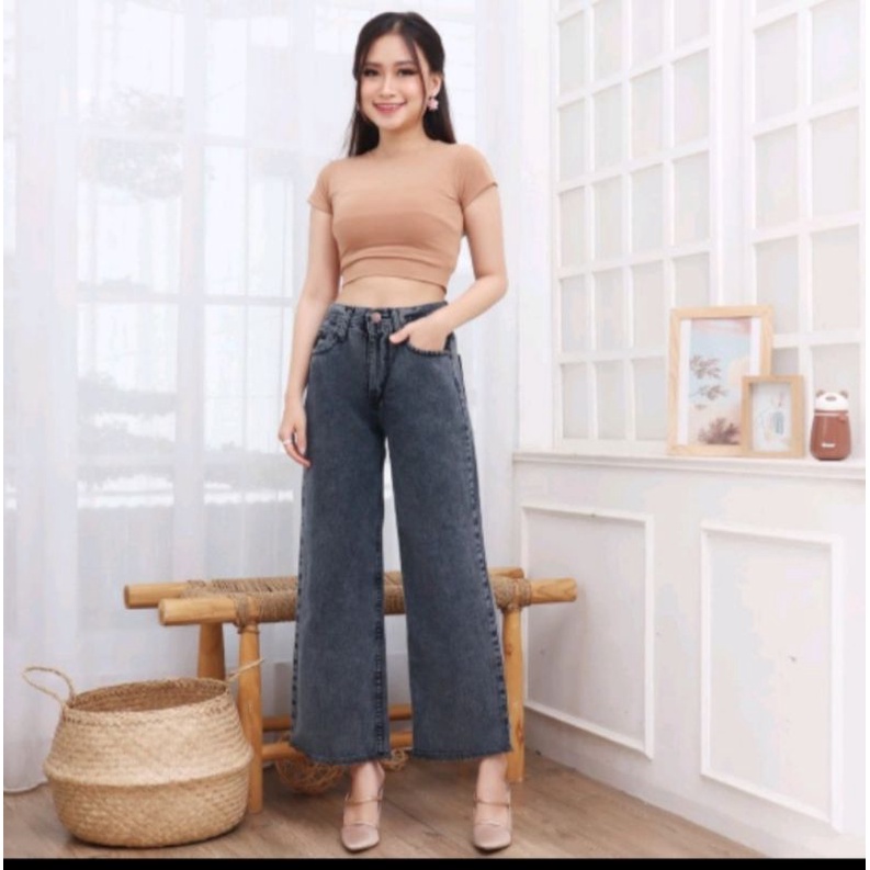 YAOSHI - Celana Highwaist Kulot Jeans Wanita - Boyfriend Jeans Kulot Rawis  JEANS TEBAL 14 OZ