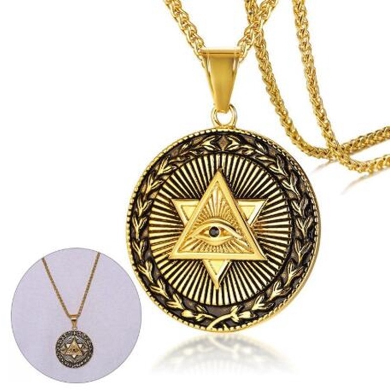 Kalung Rantai Liontin Mata Segitiga Masonic Bahan Titanium Steel Warna Silver Gaya Retro Vintage Untuk Pria