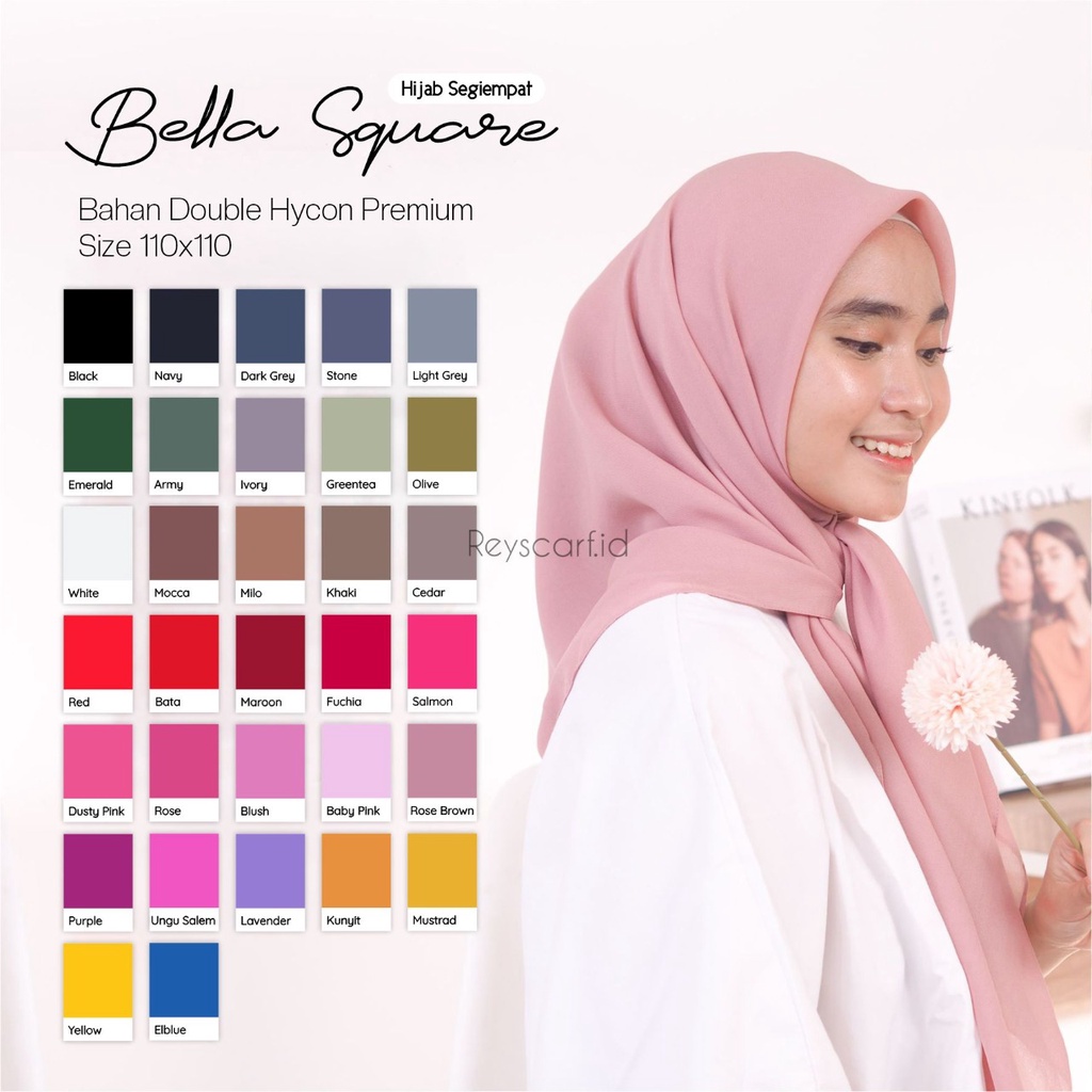 Bella Square Double Hycon By Reyscarf Premium Eksklusif Elegant Jahit Tepi Rapi Banyak Warna Luxury