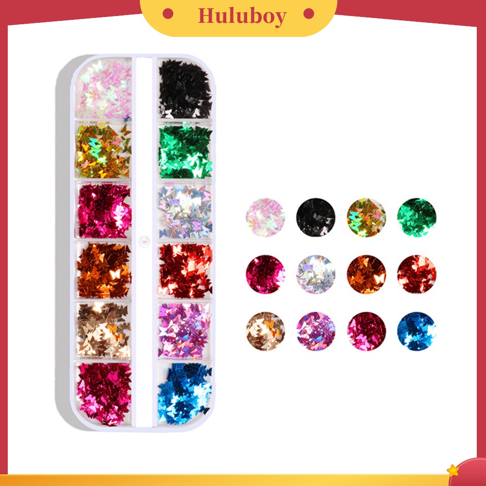 Huluboy Huluboy♡ Stiker Sequin Glitter Kupu-Kupu 12 Warna Untuk Dekorasi Nail Art DIY