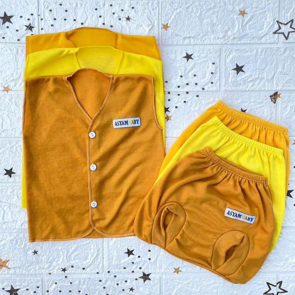 3 Stel Baju Bayi Kutung + Celana Pop Baru Lahir Seri Kuning Asyam Baby