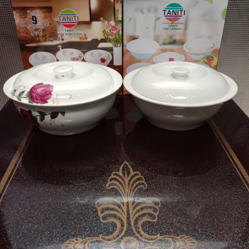 9 inch casserole+lid porcelain taniti kembang/polos