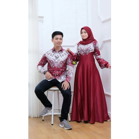 Couple Gamis Batik Kombinasi Polos Couple Pesta Baju Kondangan Gamis Syar'i Set Batik Lengan Panjang