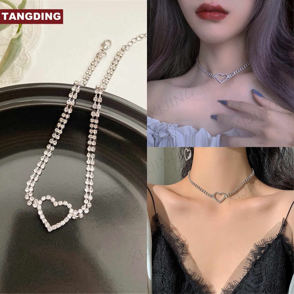 【COD Tangding】Diamond Heart Pendant Necklace New Niche Design Short Necklace Shiny Love Clavicle Chain for Women