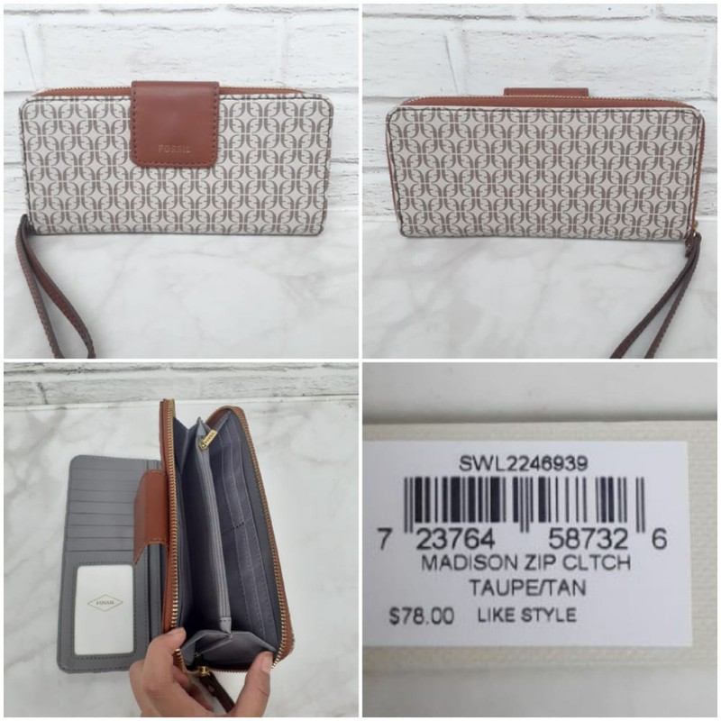 dompet f0ss1L madison zip clutch wallet taupe tan