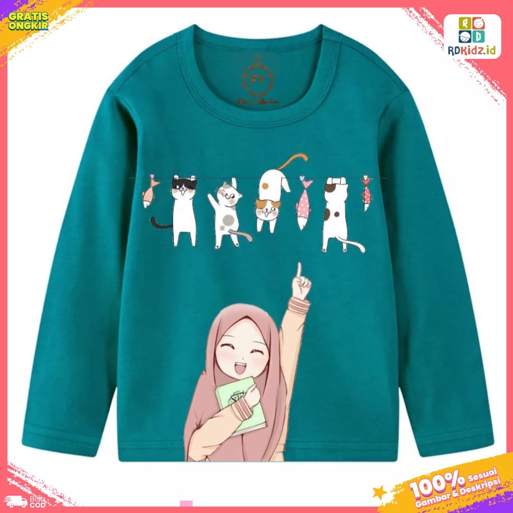 Rdkidzid Atasan Lengan Panjang Anak Perempuan Baju Kaos Sweater Islami Motif Muslim Tosca