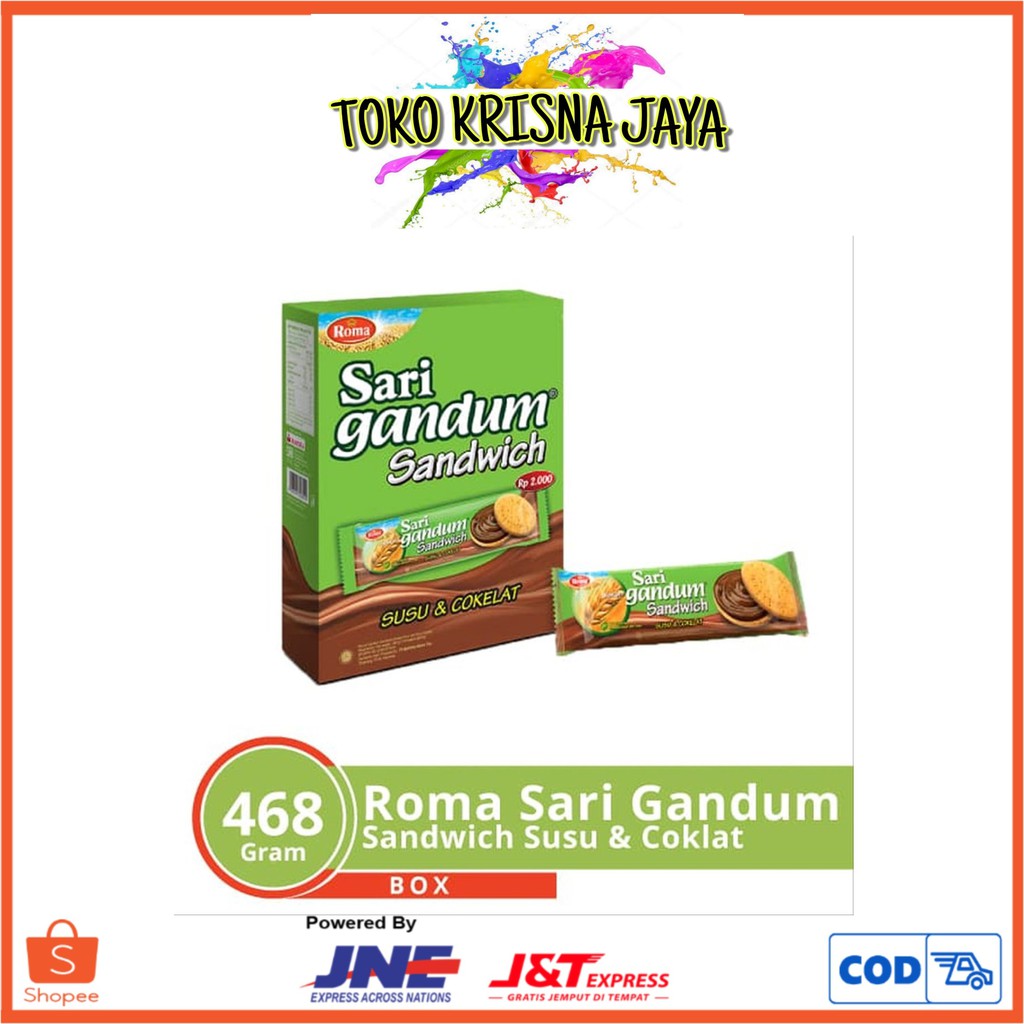 

ROMA SARI GANDUM SANDWICH SUSU DAN COKELAT 1 PACK ISI 12 PCS X 39 GR