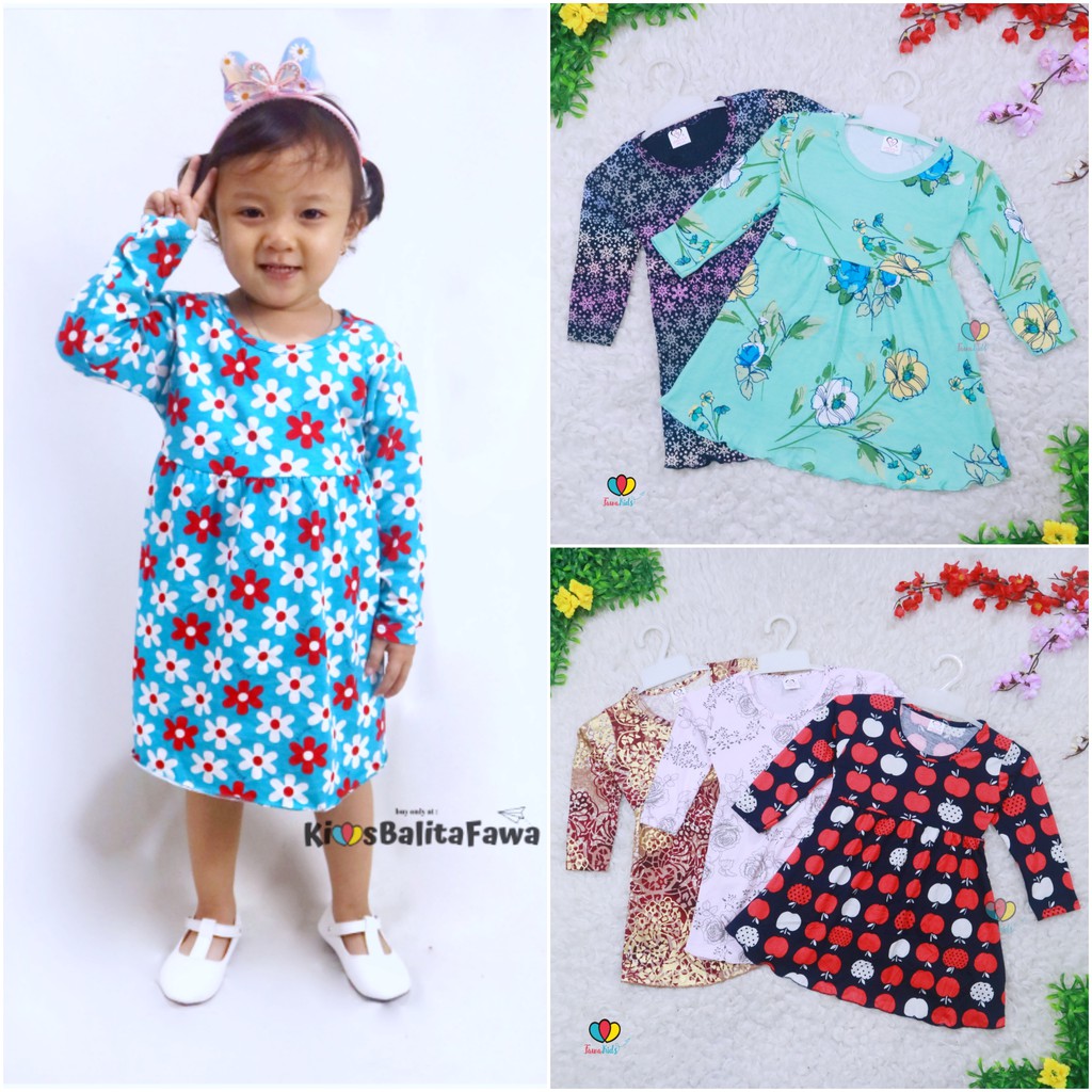 Dress Azizah 1-2 Tahun / Dres Anak Lengan Panjang Baju Harian Perempuan Fashion Kids Motif Adem