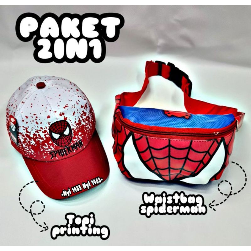 PAKET 2IN1 TAS SELEMPANG WAISTBAG ANAK SUPERHERO/ FREE TOPI KARAKTER