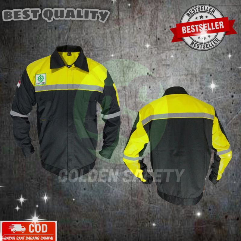 BAJU SAFETY LENGAN PANJANG WARNA HITAM KOMBINASI KUNING / WEARPACK SAFETY / KEMEJA ATASAN PROYEK