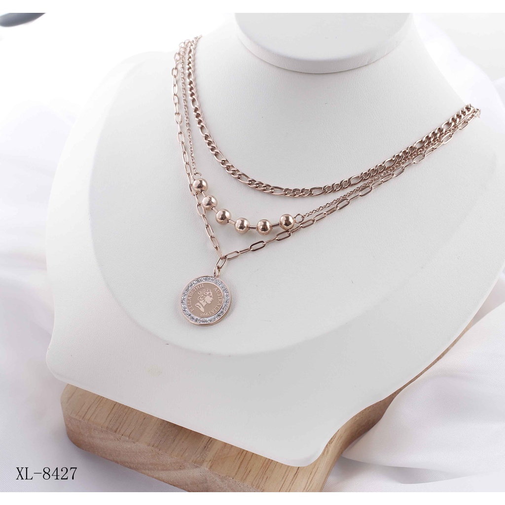 Kalung Titanium Rantai 3Susun Permata Perhiasan Fashion 8427