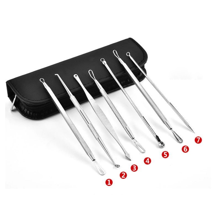 【Pengiriman Cepat】7Pcs Set Alat Pencabut Pembersih Jerawat / Komedo Stainless Steel Pinset