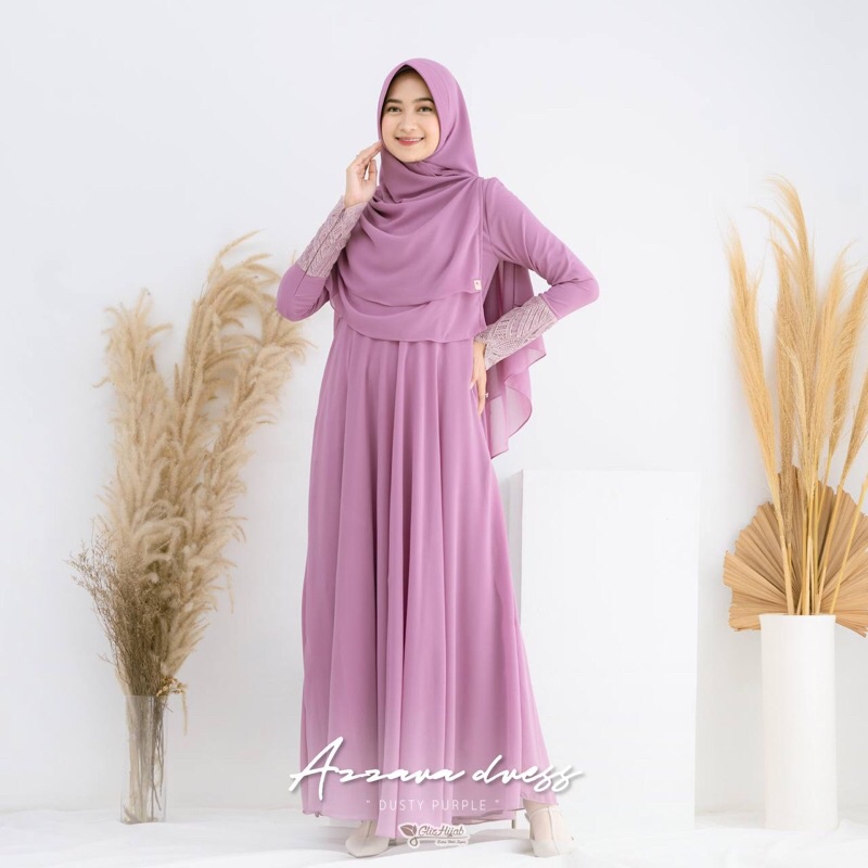 GlizHijab | Azzarah Dress - Dress Only Premium Bahan Cerutti Babydoll Gaun Muslimah Dress Umroh Syari Size XS - JUMBO-DUSTY PURPLE