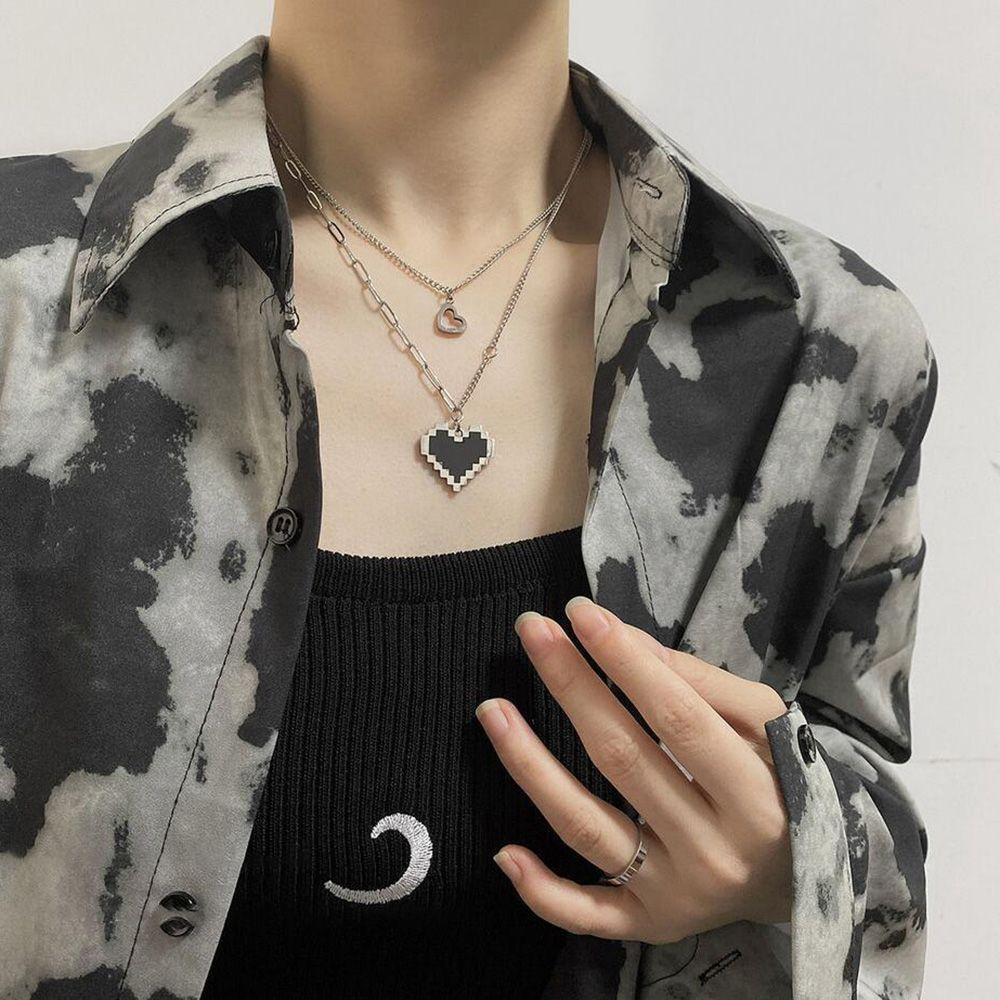 Lily Black Mosaic Love Necklace Trendy Perhiasan Hadiah Wanita Pria Kalung Rantai Double Layer