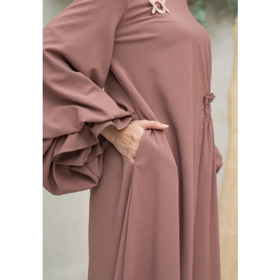 WEARING KLAMBY FIONA DRESS IN PALM SUGAR