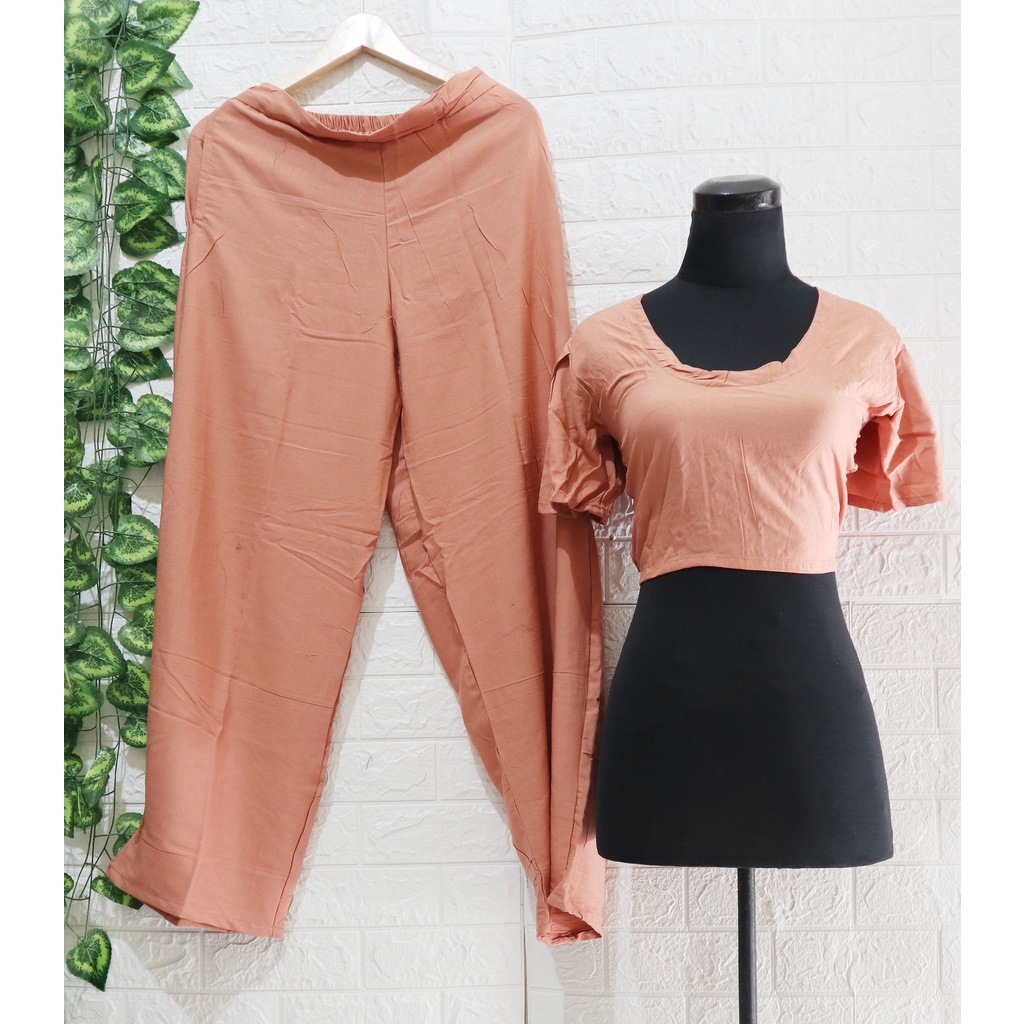 Baju Setelan wanita Crop Square Kekinian Karet / one Set Crop Square/ Top wanita-Peach Polos